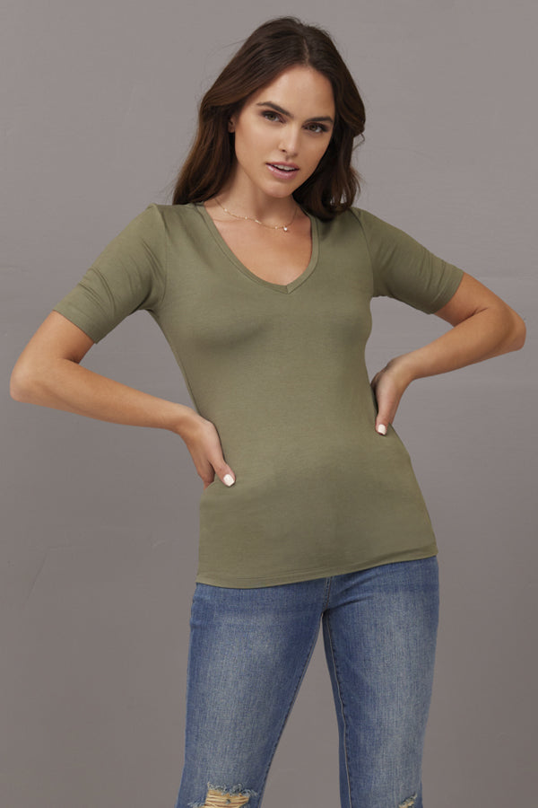 Majestic Short Sleeve V-Neck in Kaki