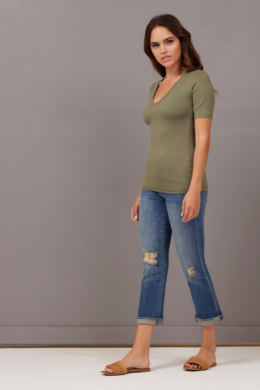 Majestic Short Sleeve V-Neck in Kaki