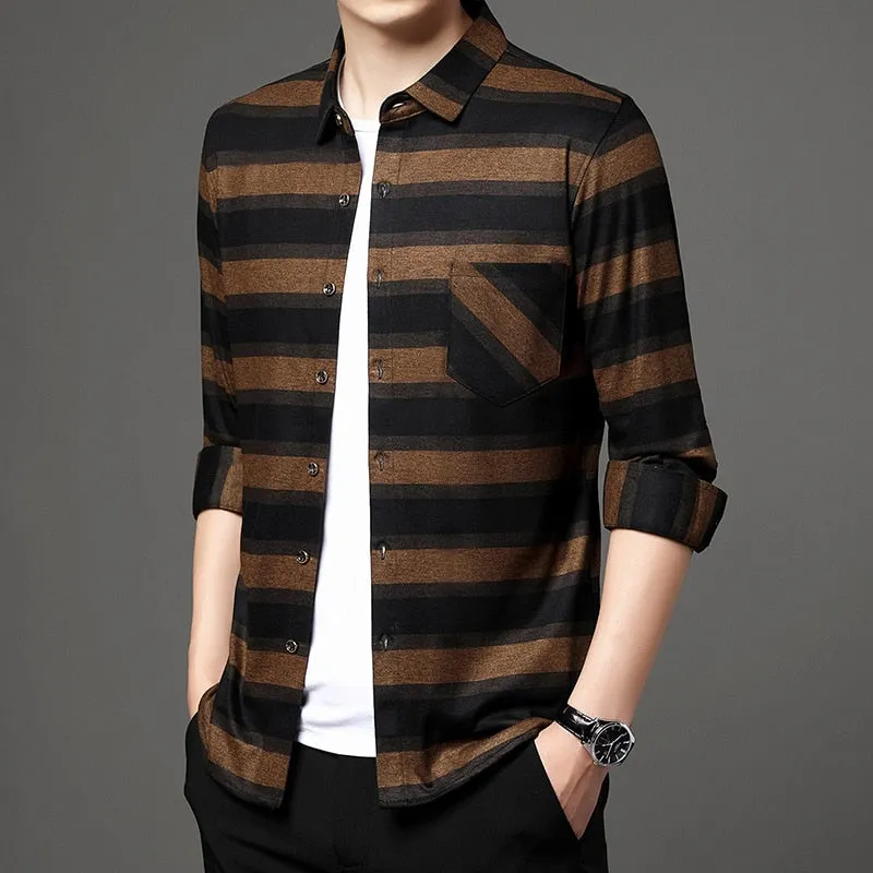 Men's Casual Striped Single Breasted Square Collar Long Sleeves Shirt