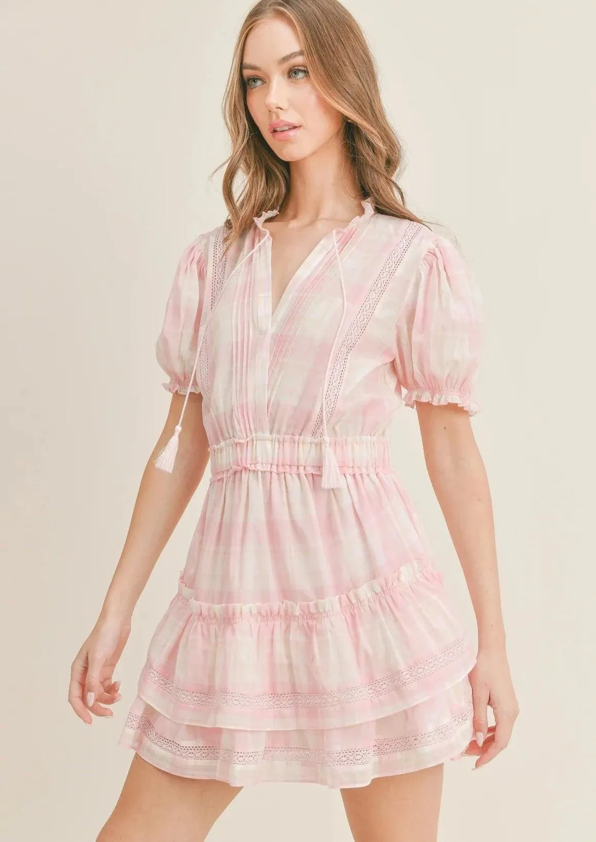 Mini Ruffle Dress in Checkered Pink