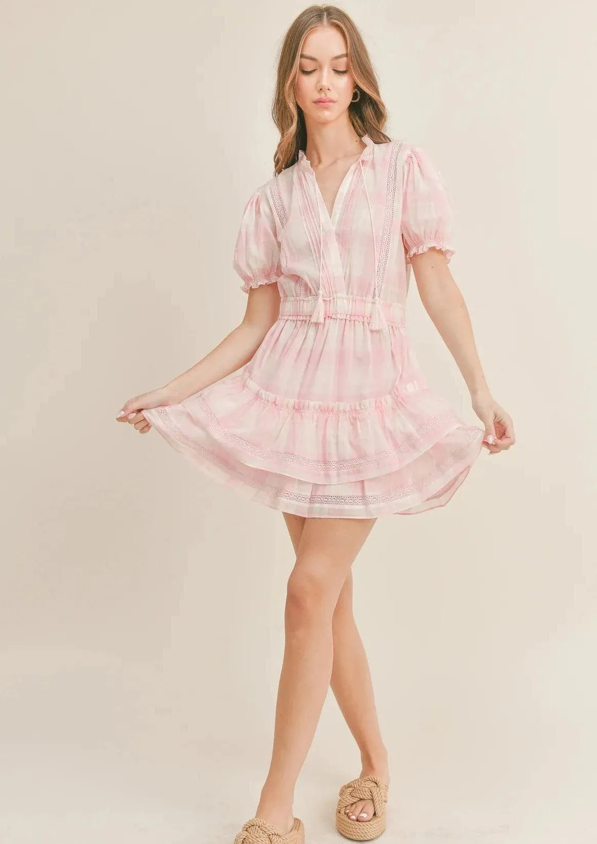 Mini Ruffle Dress in Checkered Pink