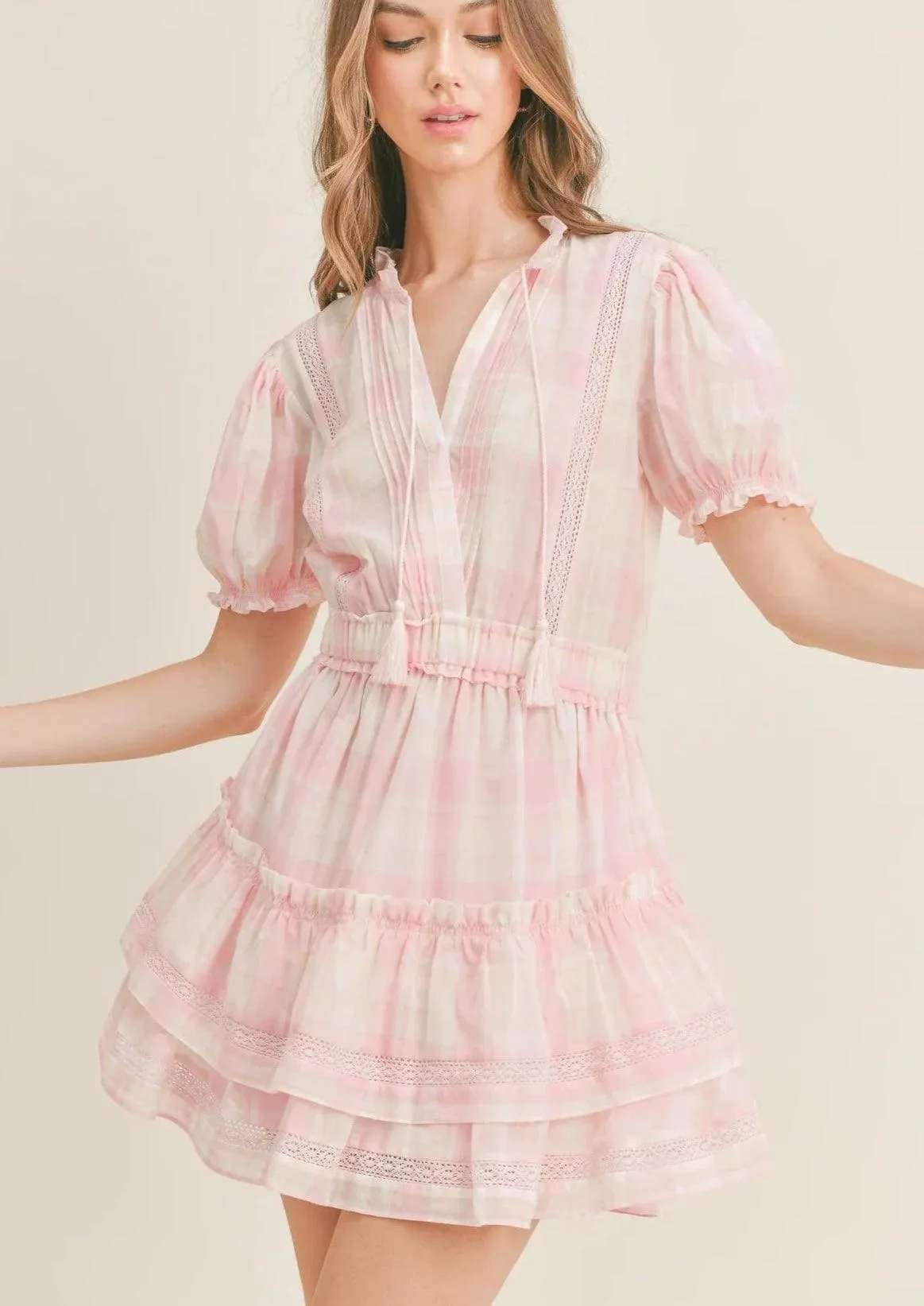 Mini Ruffle Dress in Checkered Pink