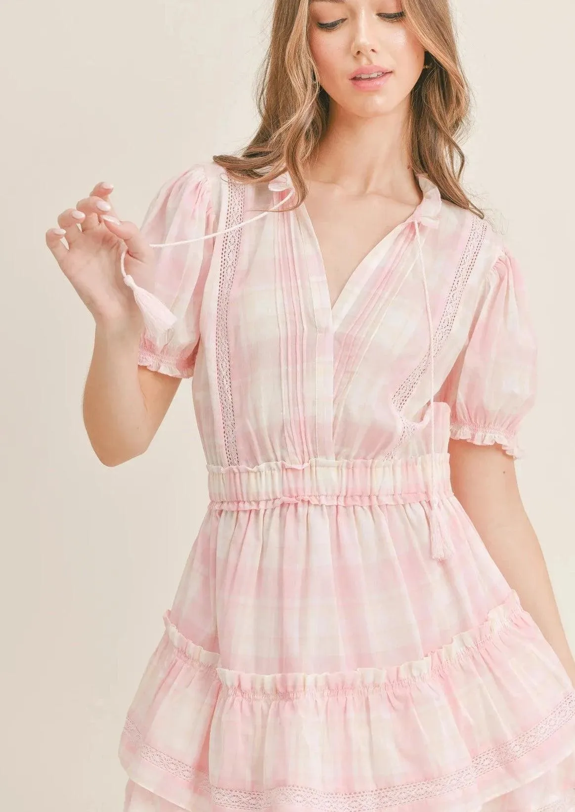 Mini Ruffle Dress in Checkered Pink