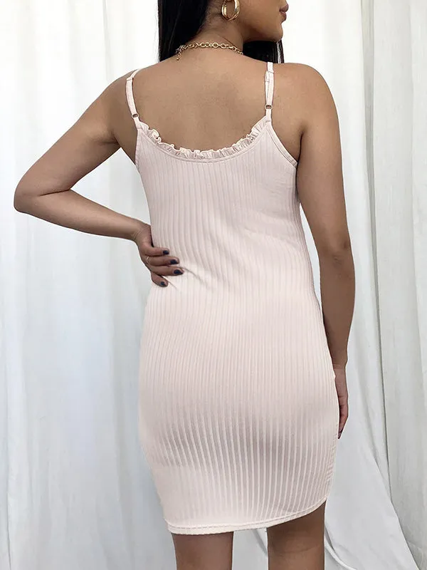 Momnfancy Apricot Spaghetti Strap Single Breasted Rib Fabric Sleeveless Bodycon Maternity Mini Dress