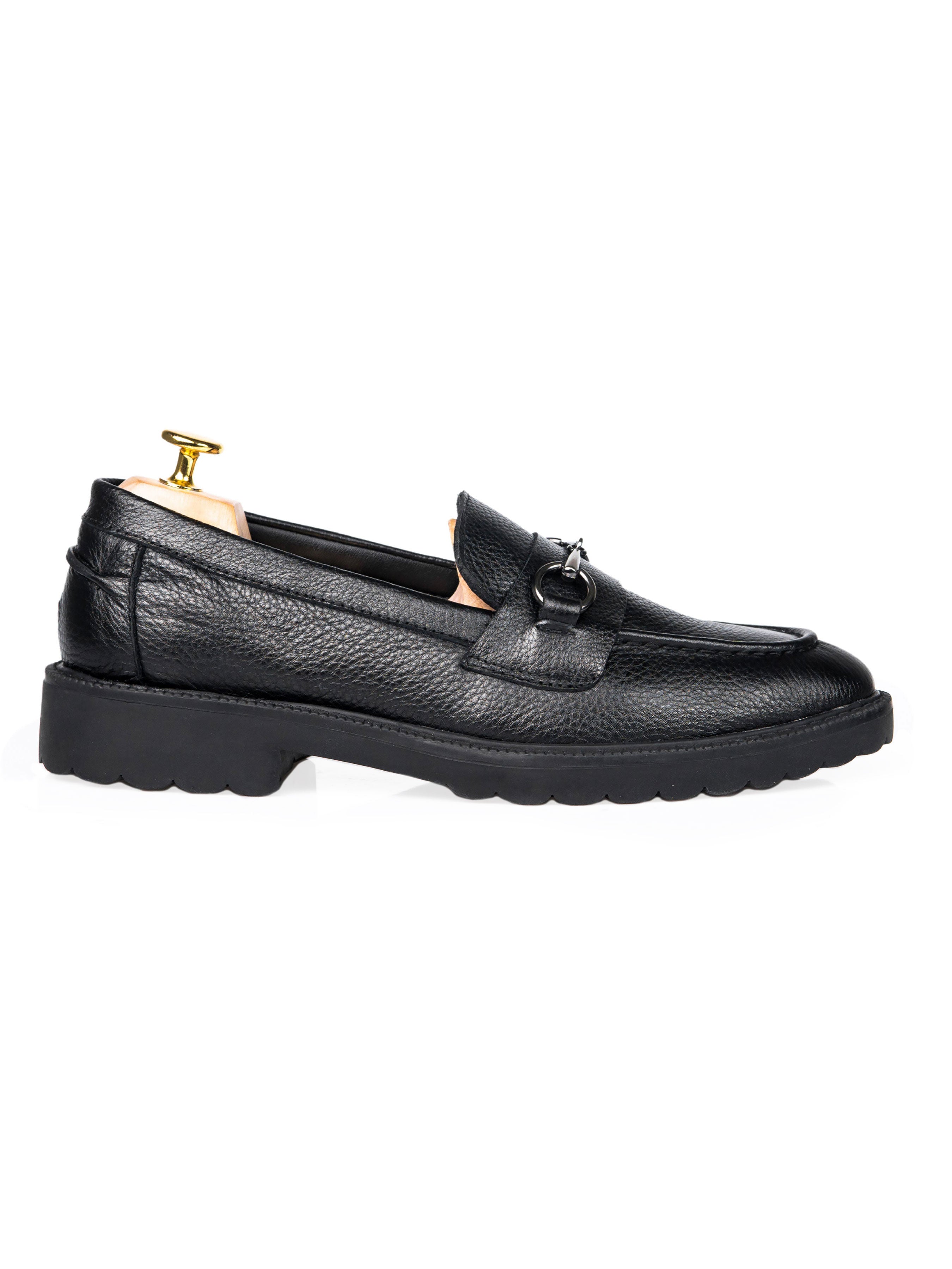 Penny Loafer Horsebit Buckle - Black Pebble Grain Leather (Combat Sole)