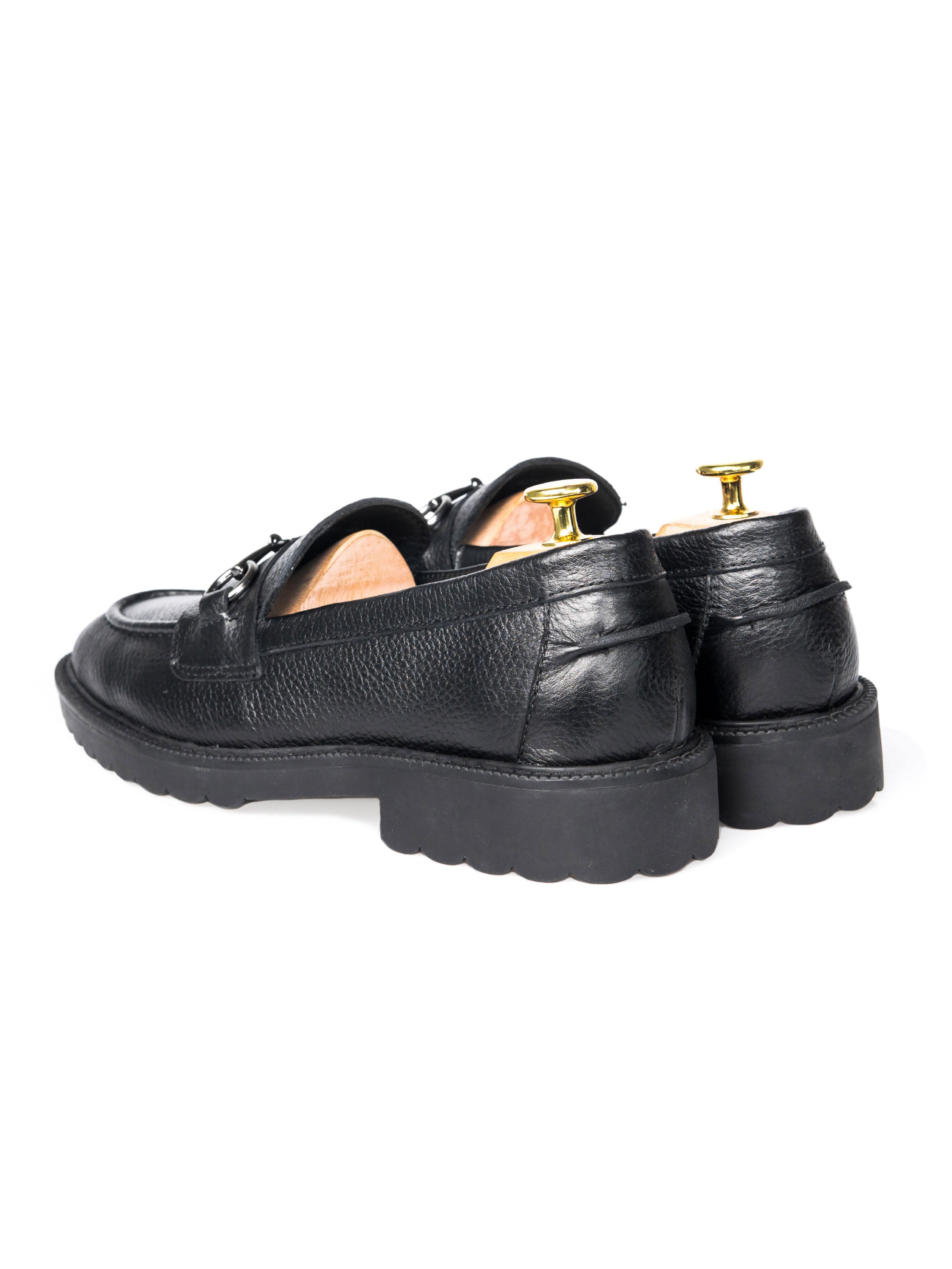 Penny Loafer Horsebit Buckle - Black Pebble Grain Leather (Combat Sole)