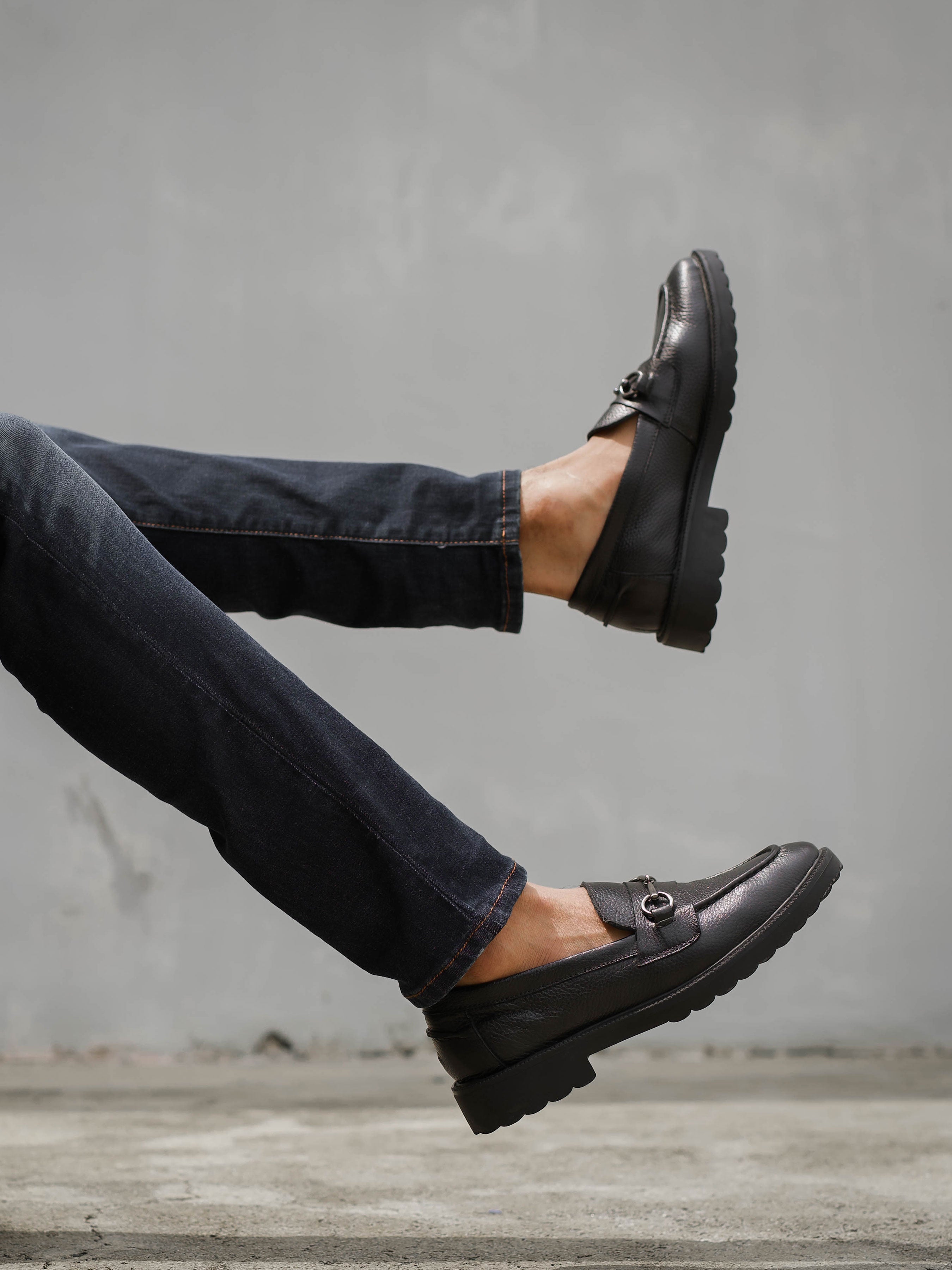 Penny Loafer Horsebit Buckle - Black Pebble Grain Leather (Combat Sole)