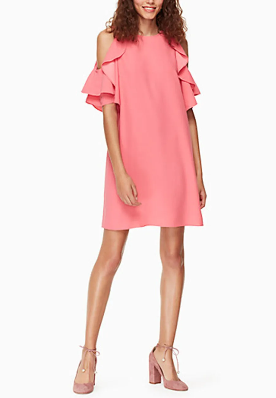 Pink Cold Shoulder Ruffle Crepe Mini Dress