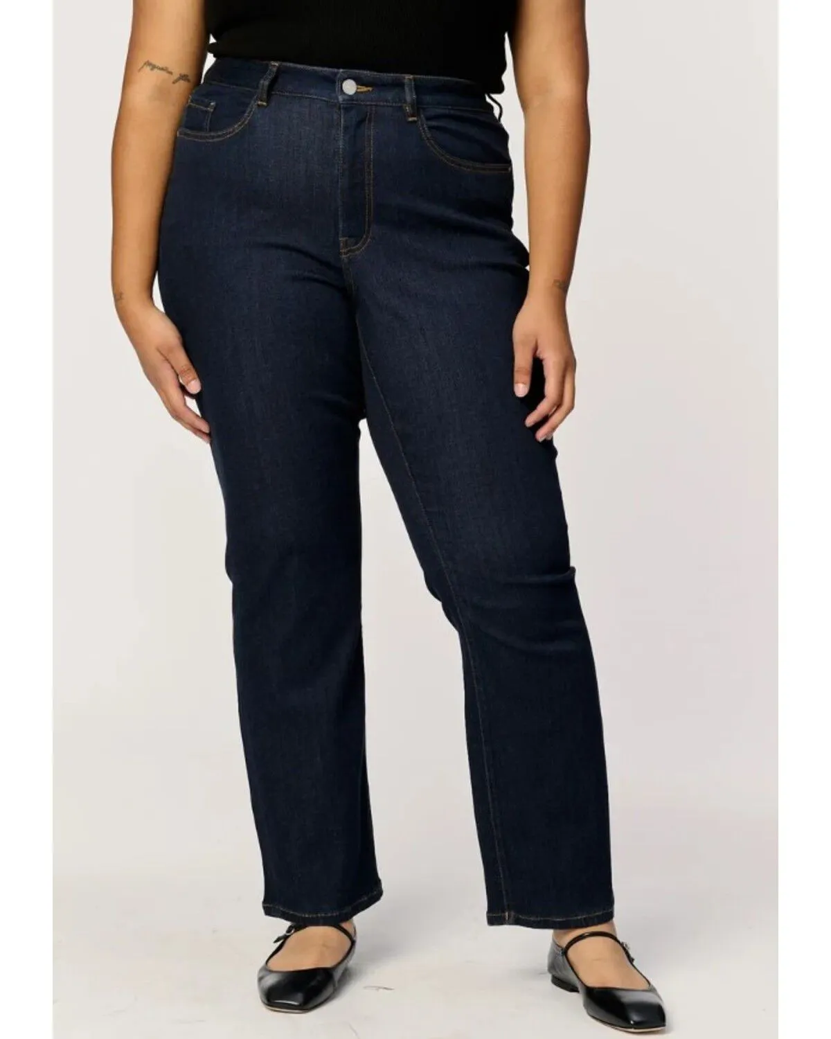 Product Name:  Warp + Weft Women's Dark Wash Jet Set High Rise Straight Stretch Denim Jeans - Plus