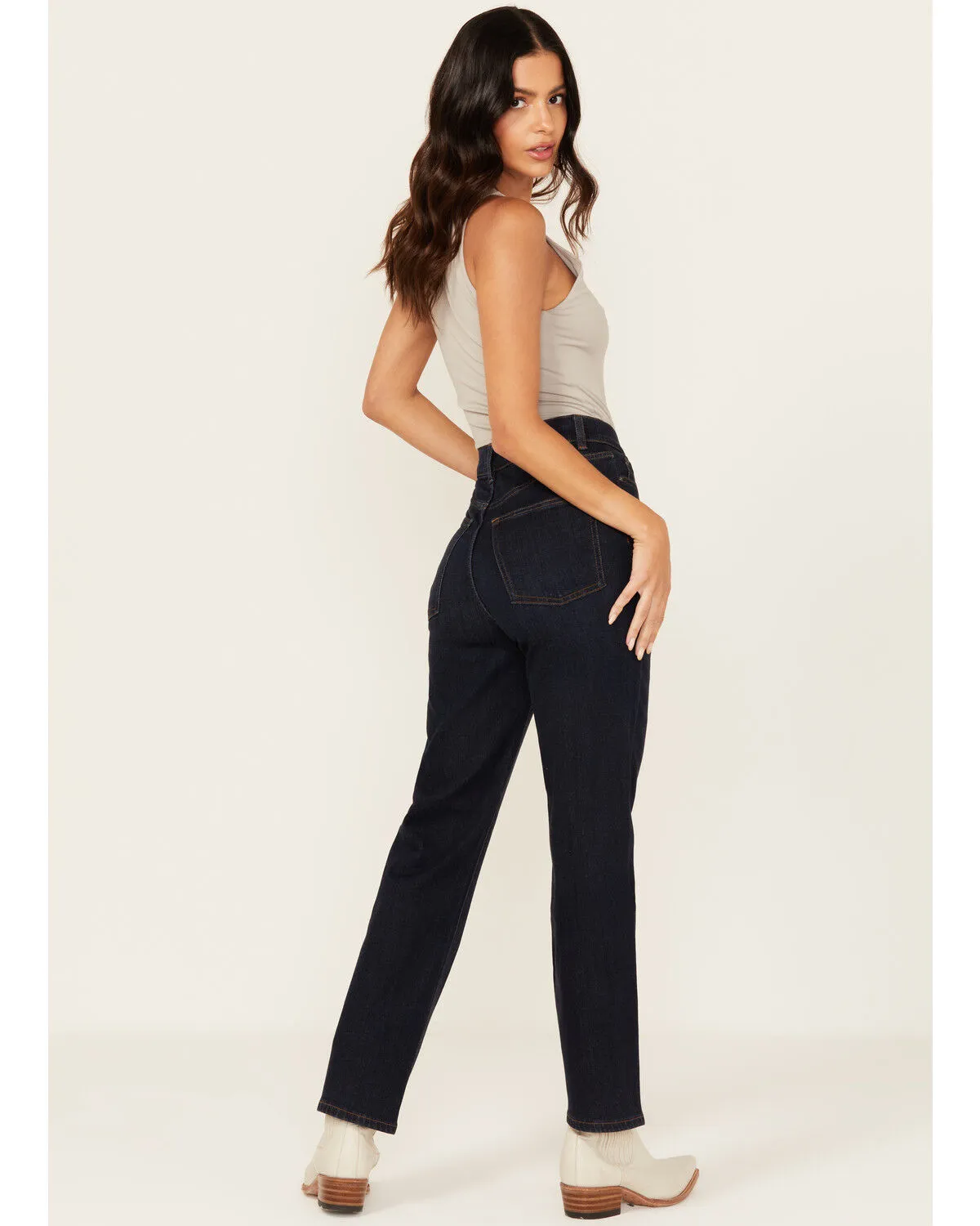 Product Name:  Warp + Weft Women's Jet Set Dark Wash High Rise Straight Stretch Denim Jeans