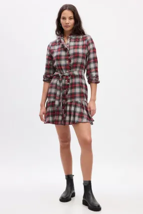 Red Tartan Ruffle Long Sleeve Mini Dress