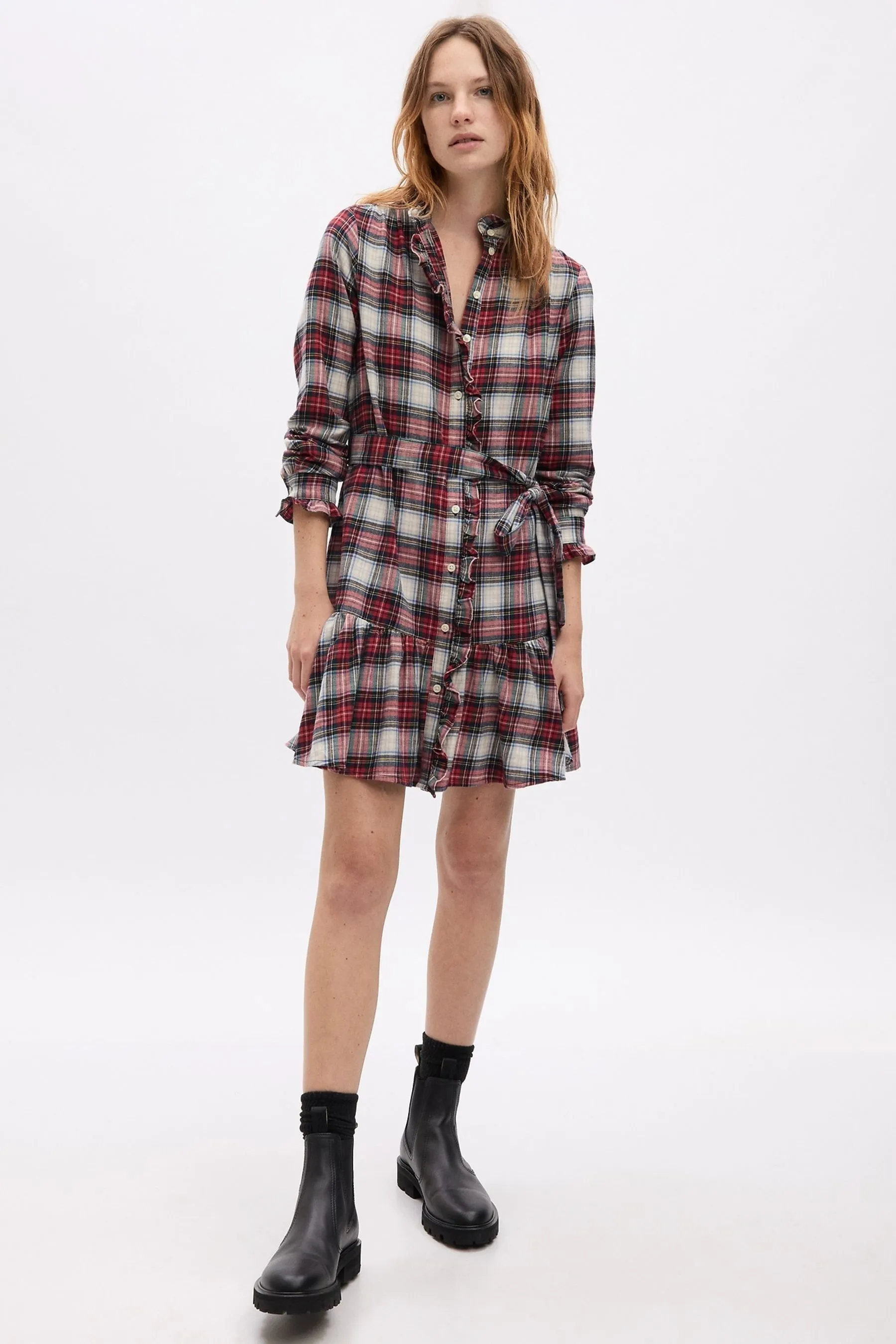 Red Tartan Ruffle Long Sleeve Mini Dress