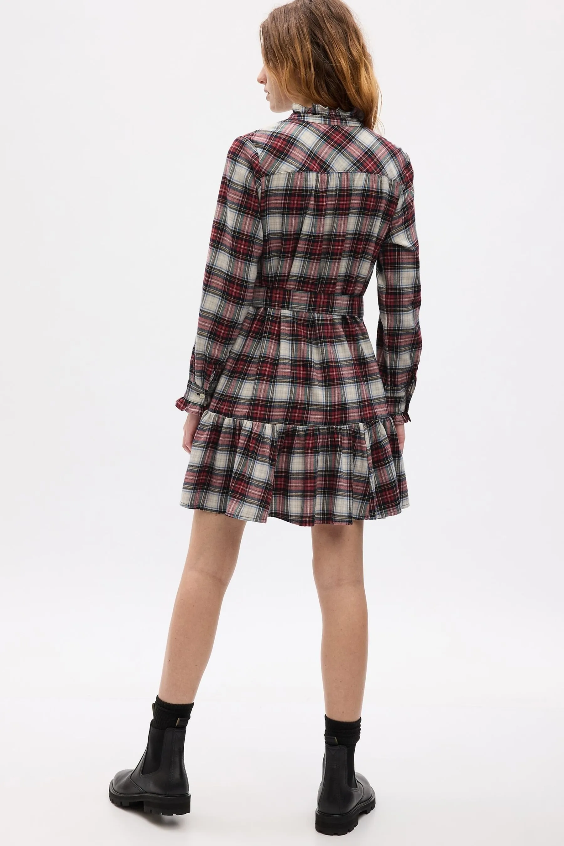 Red Tartan Ruffle Long Sleeve Mini Dress