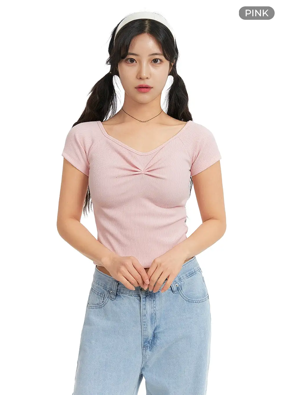 Ribbed Shirred Short Sleeve Top OM427