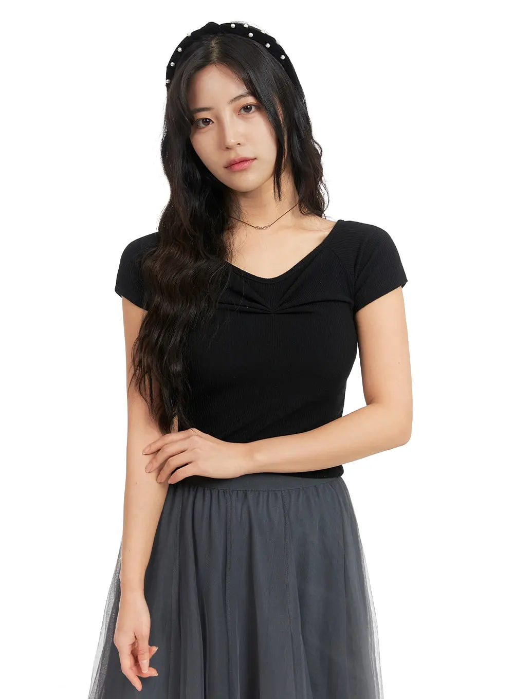 Ribbed Shirred Short Sleeve Top OM427