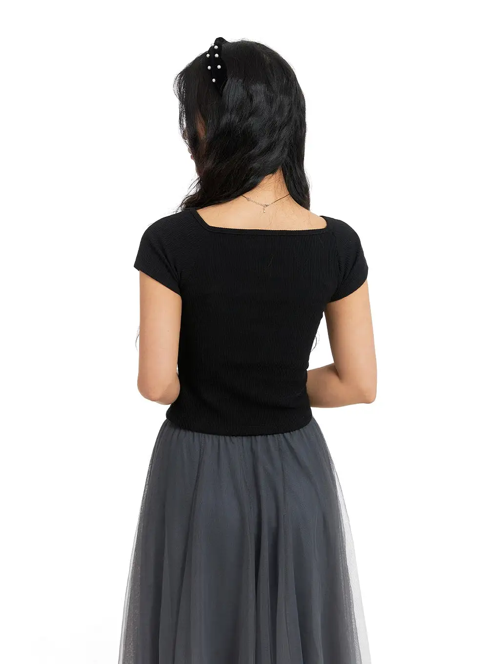 Ribbed Shirred Short Sleeve Top OM427