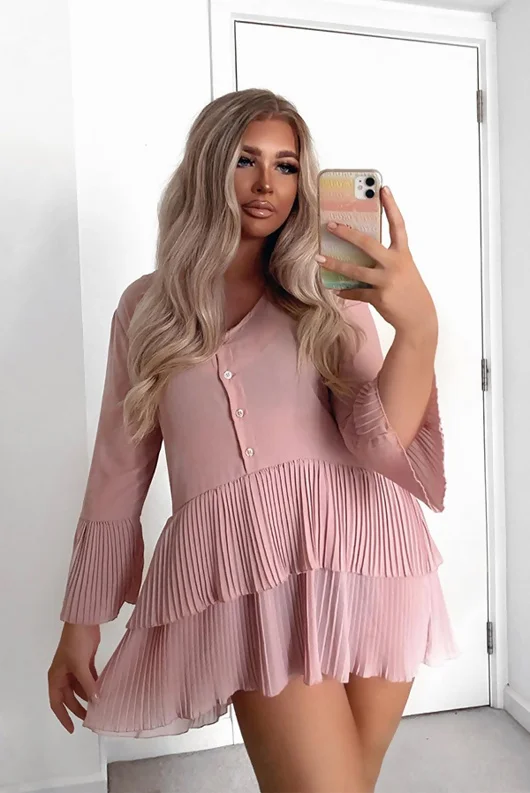 Rose Ruffle Pleated Smock Mini Dress