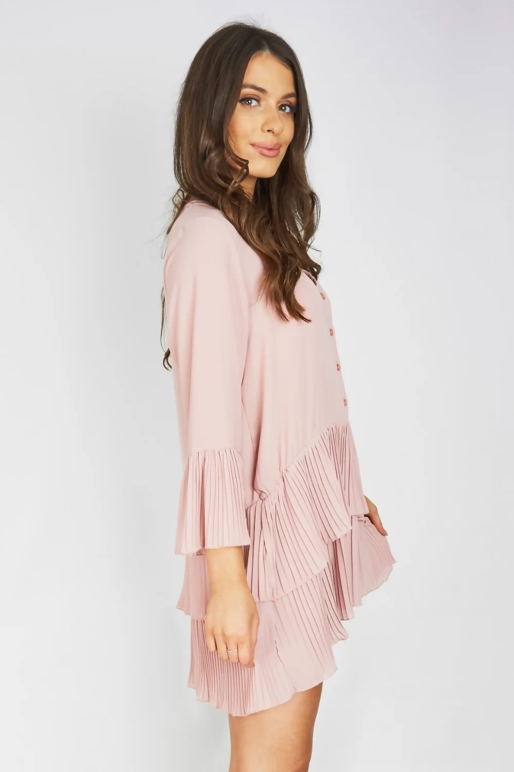 Rose Ruffle Pleated Smock Mini Dress