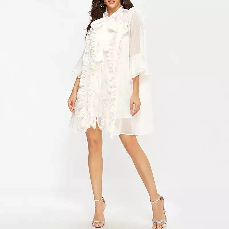 Ruffle Bow Neck Flared Sleeve Mini Dress