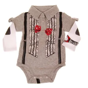 Ruffle Bow Tie Suspenders Long Sleeve Polo Bodysuit by: Mini Shatsu