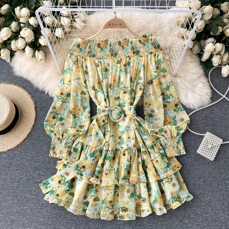 Ruffle Hem Beach Vacation Floral Print Chiffon Mini Dress With Belt Elegant Women Long Sleeve Off Shoulder Dress