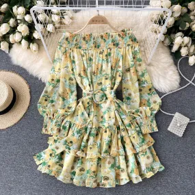 Ruffle Hem Beach Vacation Floral Print Chiffon Mini Dress With Belt Elegant Women Long Sleeve Off Shoulder Dress