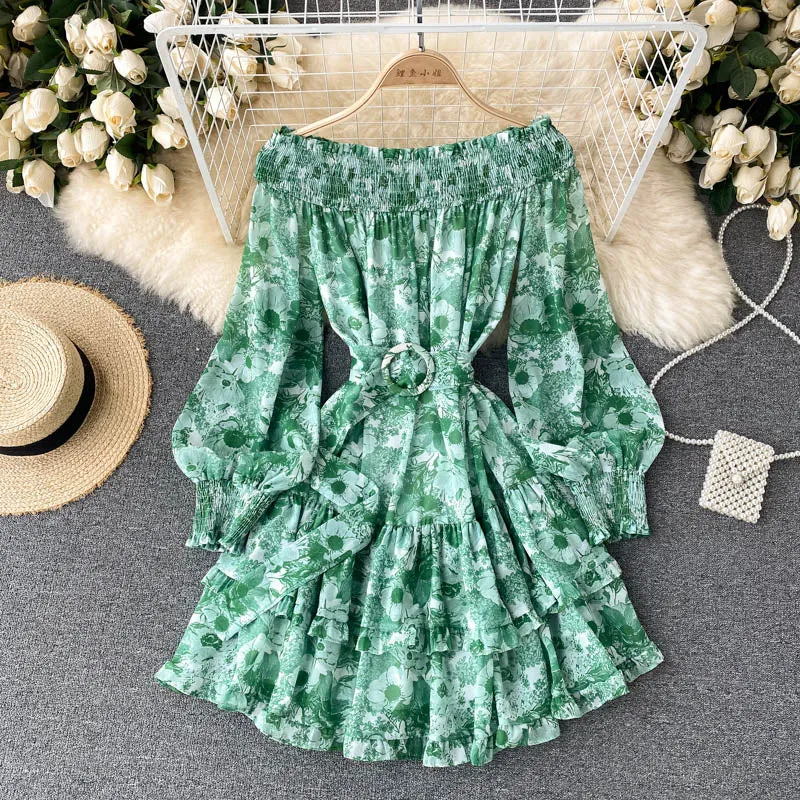 Ruffle Hem Beach Vacation Floral Print Chiffon Mini Dress With Belt Elegant Women Long Sleeve Off Shoulder Dress