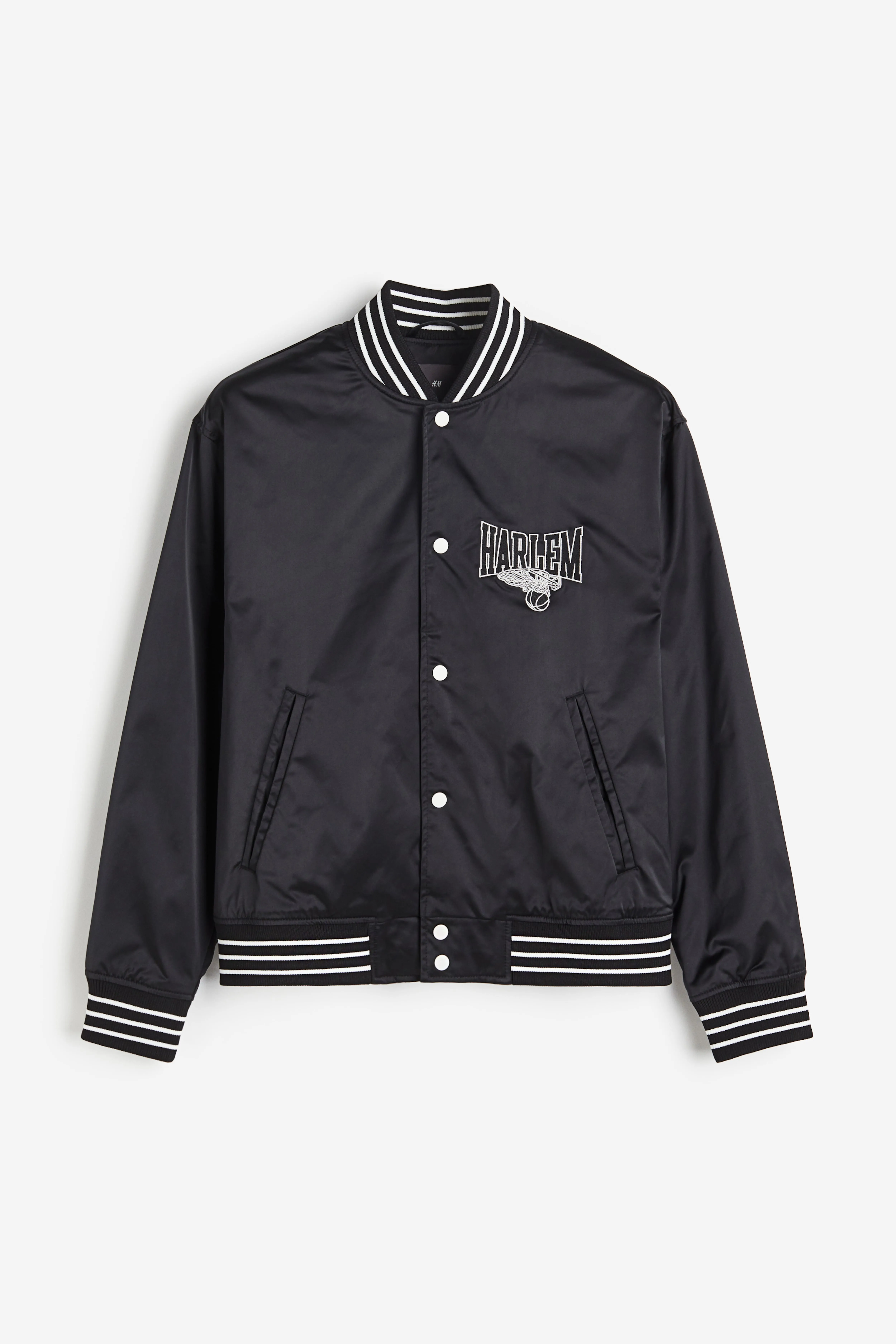 Satin baseball jacket - Long sleeve - Regular length - Black/Harlem - Men | H&M GB