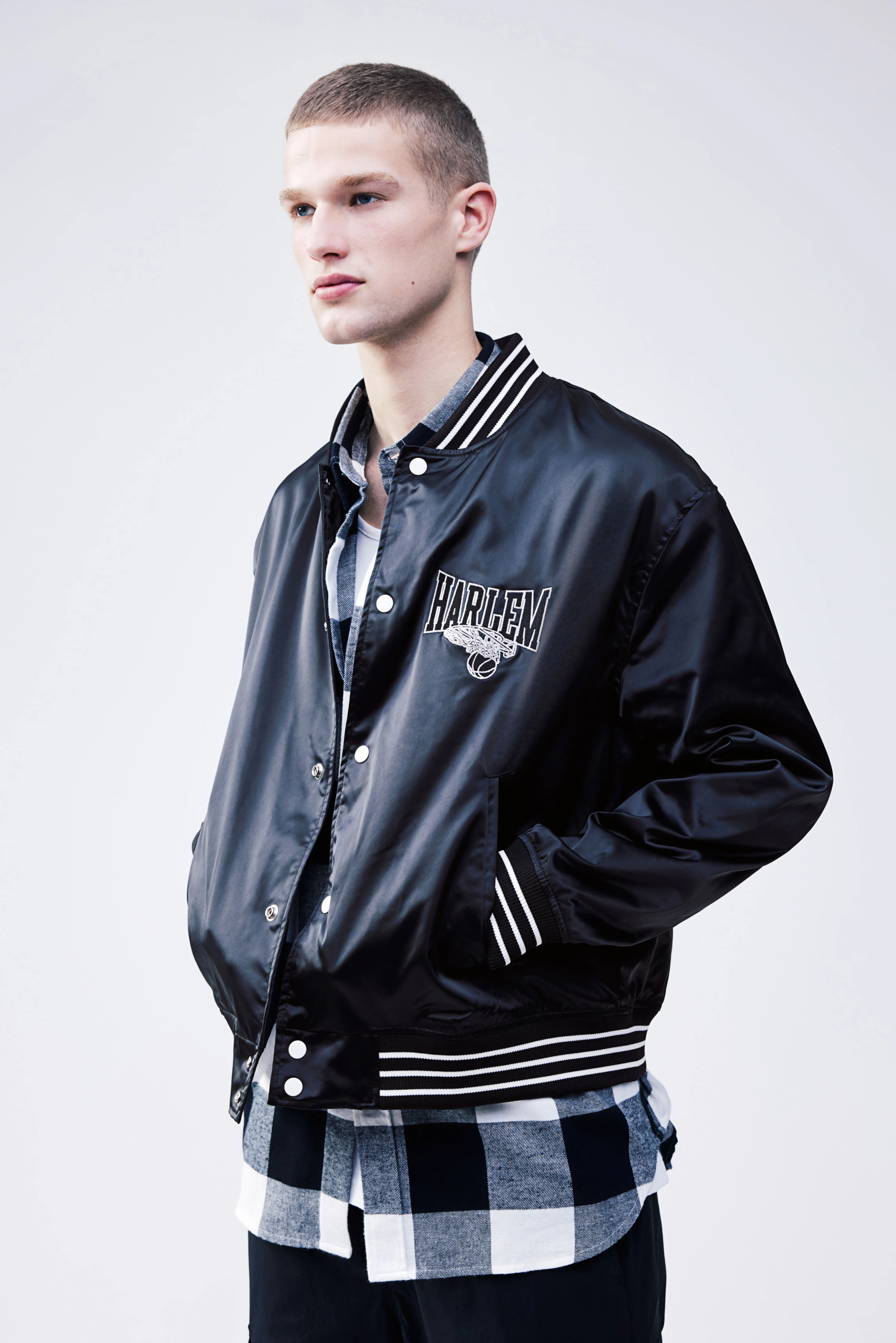 Satin baseball jacket - Long sleeve - Regular length - Black/Harlem - Men | H&M GB