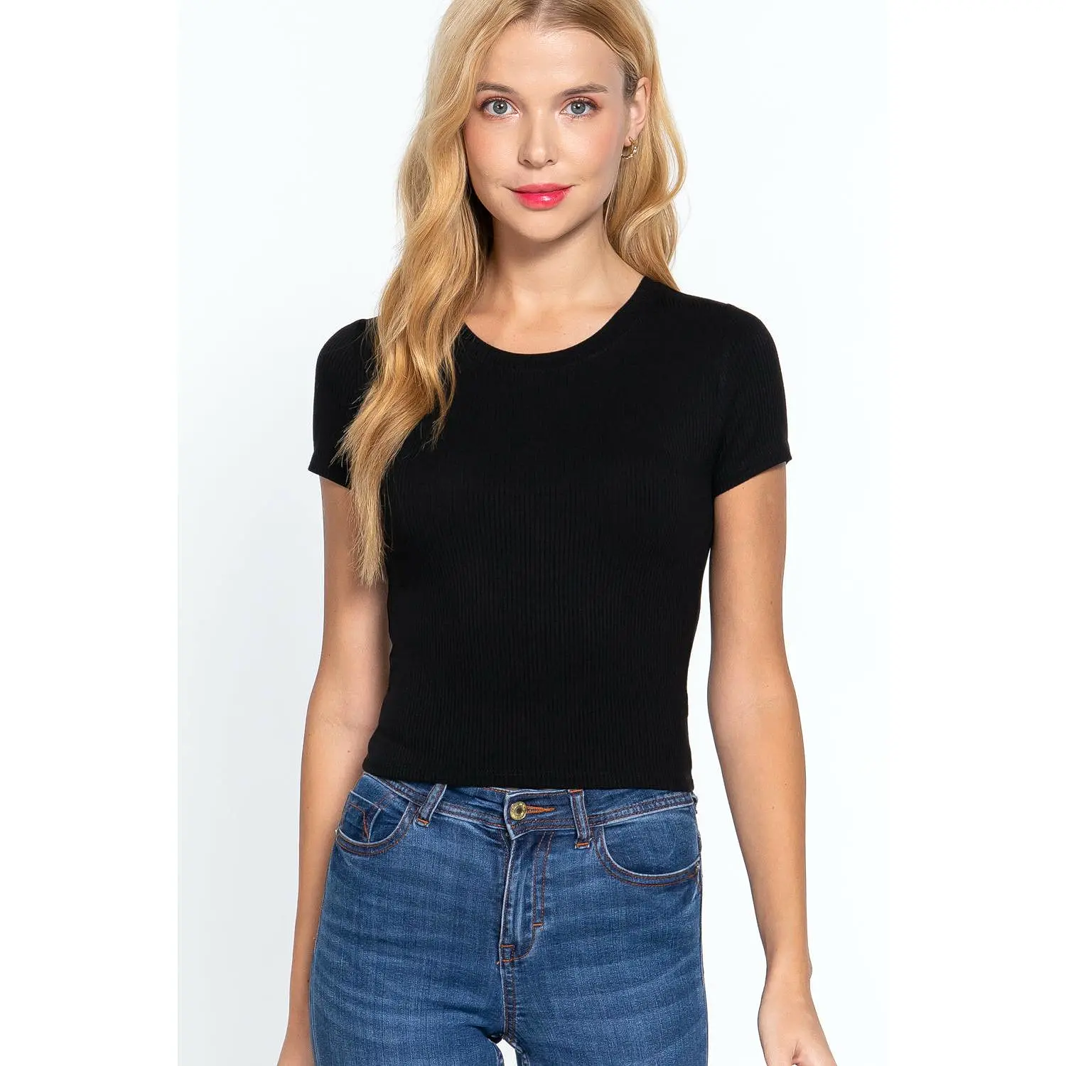 Short Sleeve Crew Neck Rib Crop Top