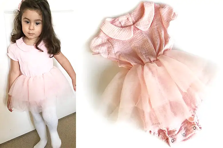 Siena Short Sleeve Tutu Romper: pink or white 0-6M, 6-12M, 1-2Y, 2-3Y