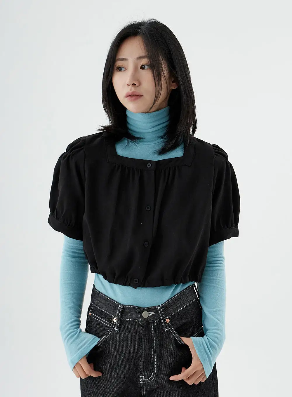 Square Neck Short Puffy Sleeve Crop Blouse ON01