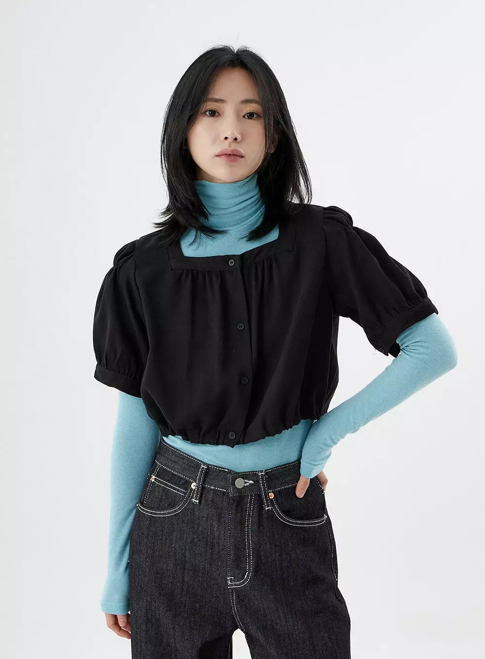 Square Neck Short Puffy Sleeve Crop Blouse ON01