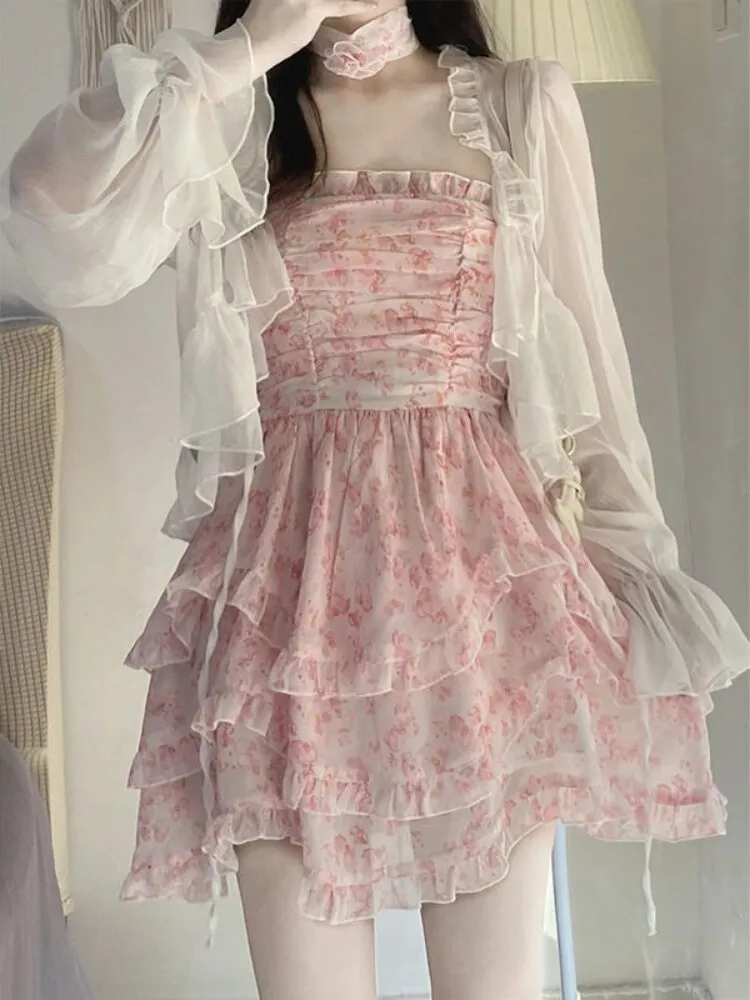 Summer Lace Floral Fairy Korean Strap Sexy Party Mini Designer Ruffle Flounce Sweet Dress