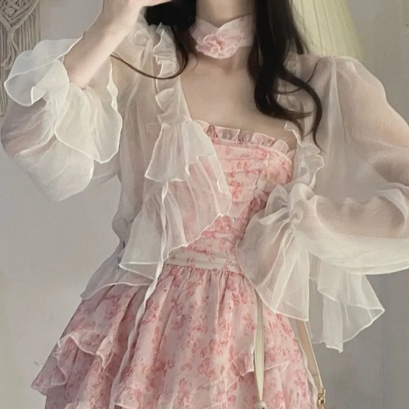 Summer Lace Floral Fairy Korean Strap Sexy Party Mini Designer Ruffle Flounce Sweet Dress