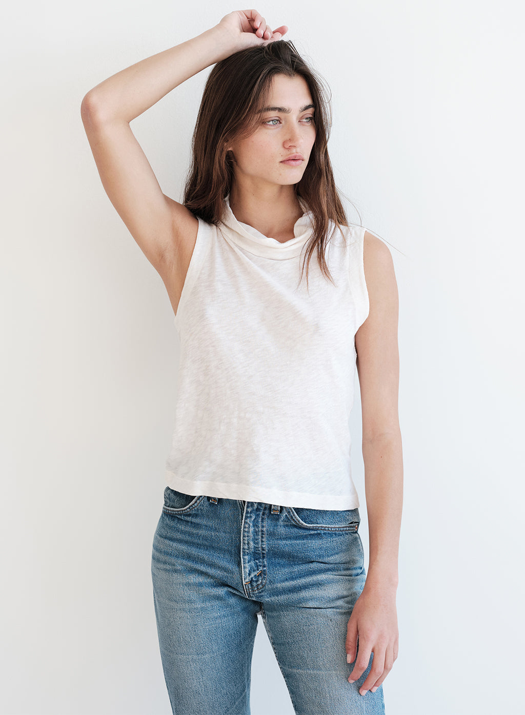 Supima Slub Sleeveless Ruched Neck Top in Cream