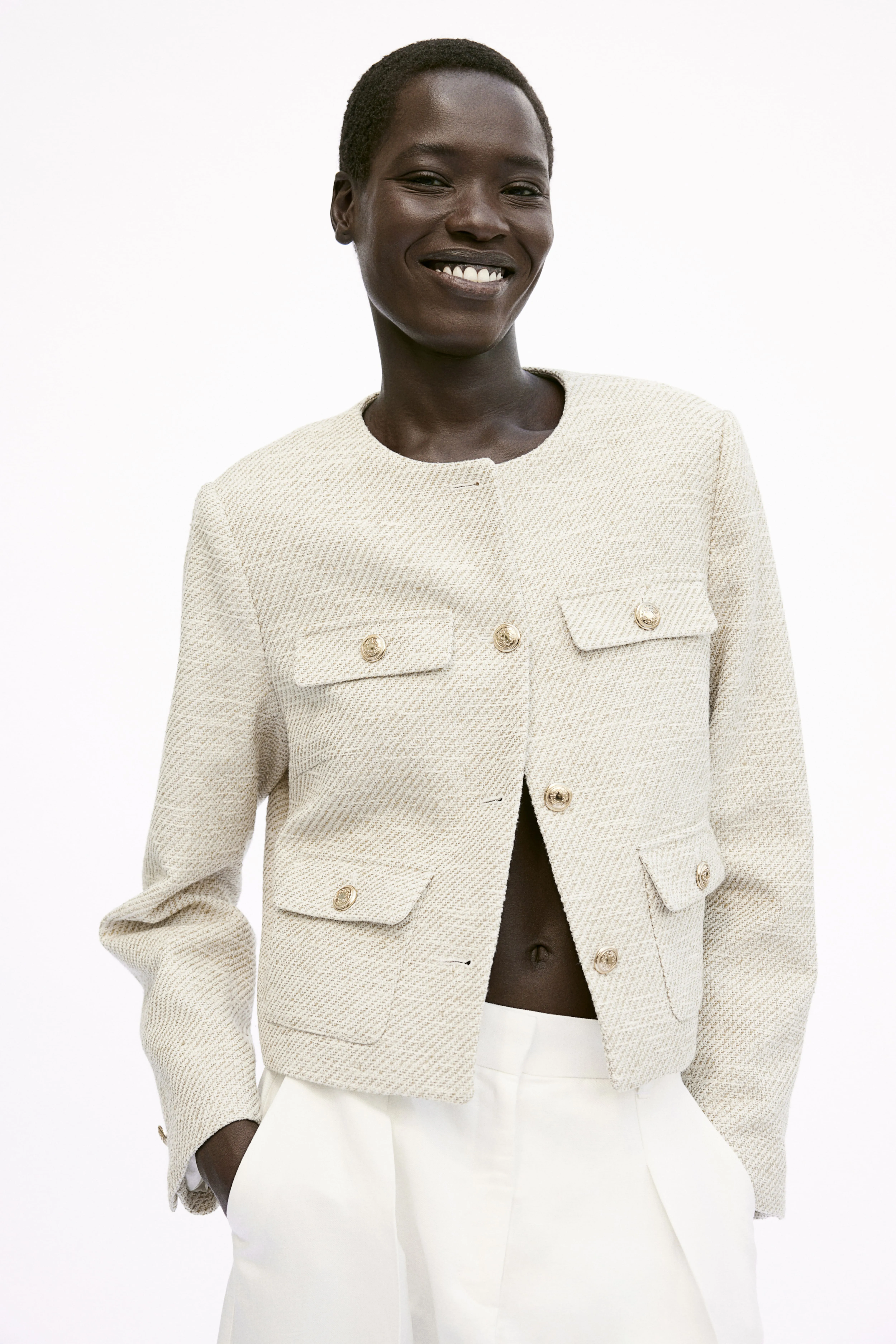 Textured-weave jacket - Round neck - Long sleeve - Light beige marl - Ladies | H&M GB