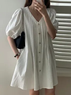 V-Neck Pleated Single-Breasted Puff-Sleeve Dress