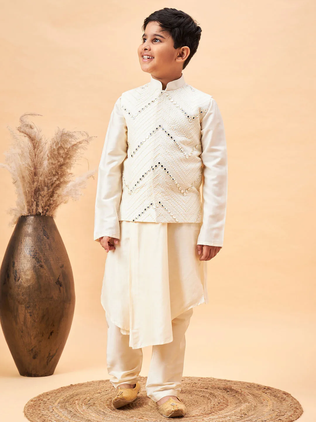 VASTRAMAY Boy's Cream Mirror Work Jacket And Pleated Kurta Pyjama Set