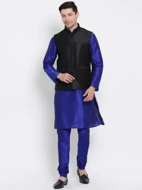 VASTRAMAY Men's Blue Cotton Silk Blend Kurta, Ethnic Jacket and Pyjama Set