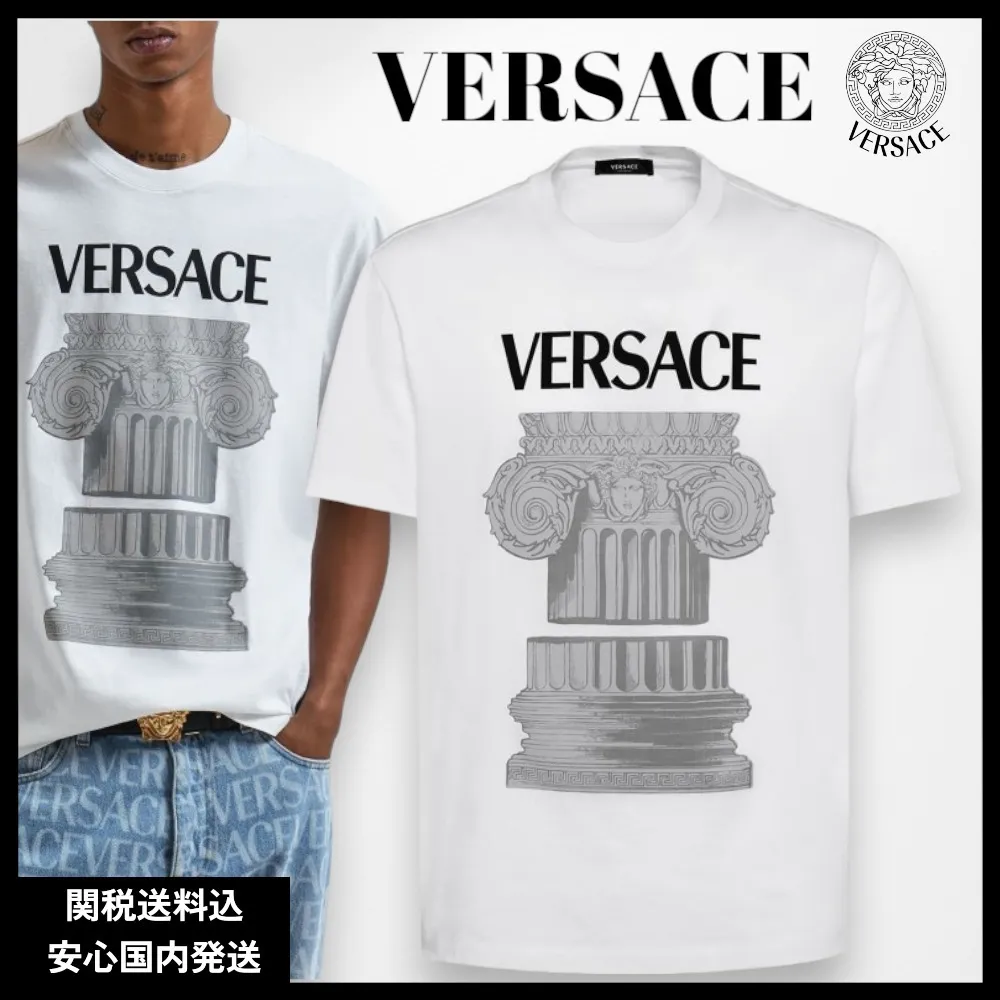 VERSACE  |Crew Neck Street Style Plain Cotton Short Sleeves Logo