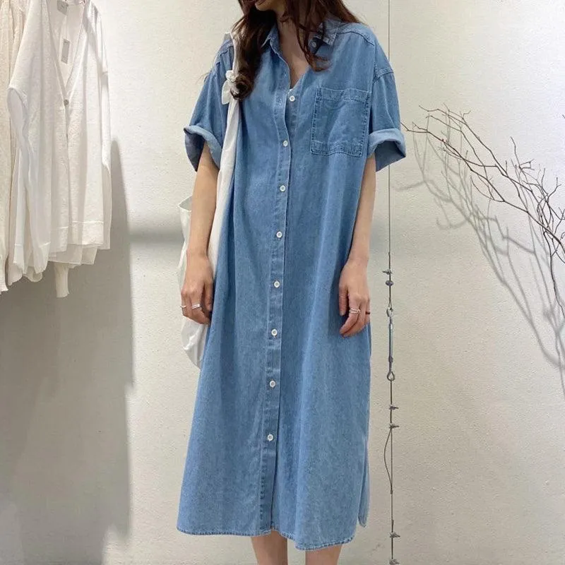 Vintage Lapel Single Breasted Casual Pocket Denim Dress