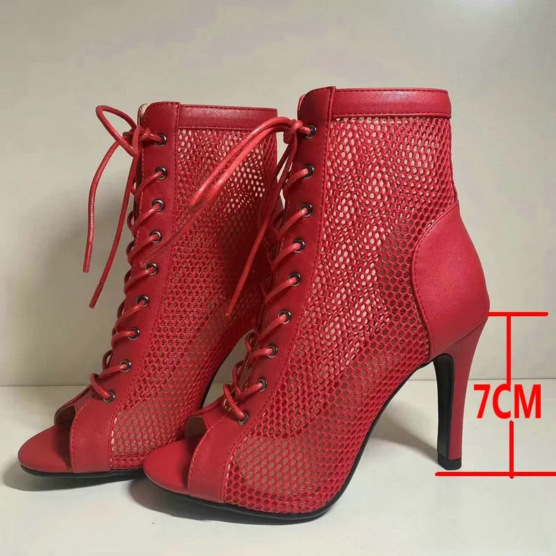 Women's Indoor Dance Sexy Red Party Hollow Mesh High Heel Boot Shoes