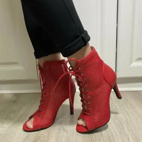 Women's Indoor Dance Sexy Red Party Hollow Mesh High Heel Boot Shoes