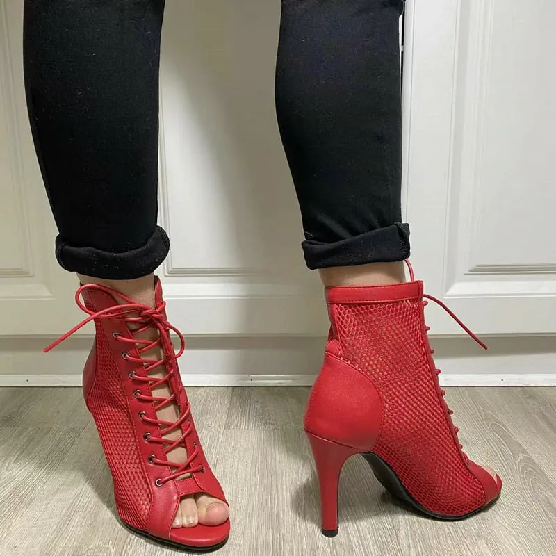 Women's Indoor Dance Sexy Red Party Hollow Mesh High Heel Boot Shoes