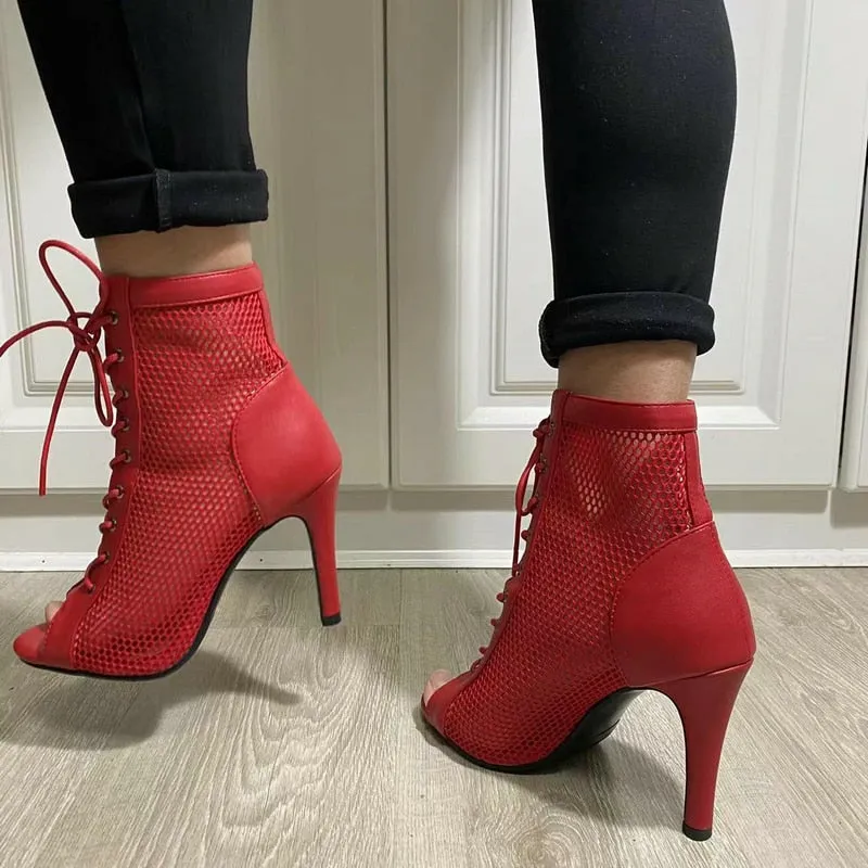 Women's Indoor Dance Sexy Red Party Hollow Mesh High Heel Boot Shoes