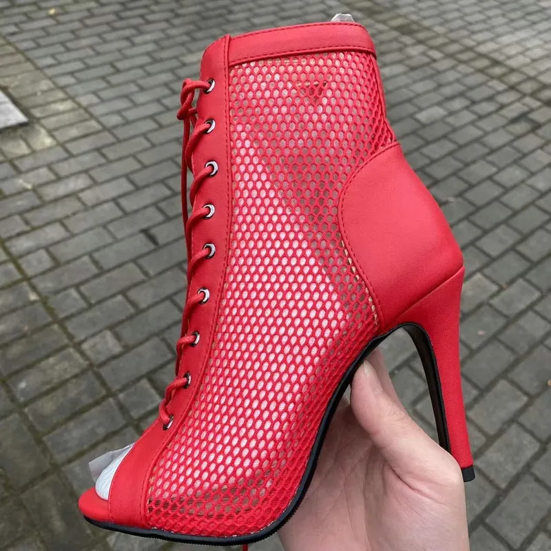 Women's Indoor Dance Sexy Red Party Hollow Mesh High Heel Boot Shoes