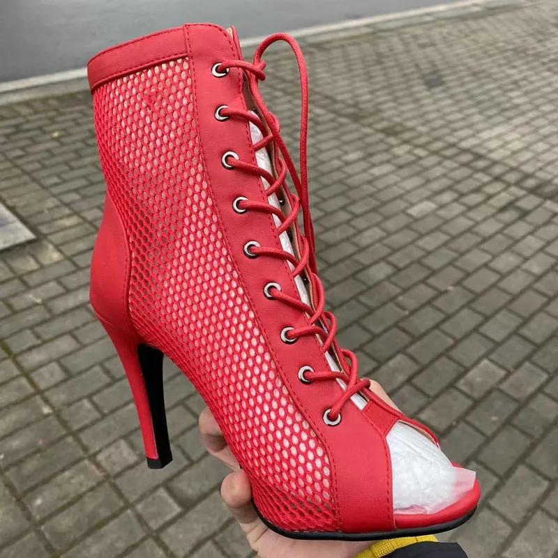 Women's Indoor Dance Sexy Red Party Hollow Mesh High Heel Boot Shoes